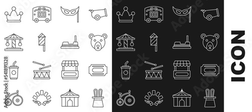 Set line Magician hat and rabbit ears, Circus ticket, Bear head, Festive mask, Firework rocket, Attraction carousel, Jester with bells and Bumper icon. Vector