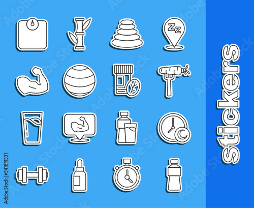 Set line Bottle of water, Time to sleep, Carrot on fork, Stack hot stones, Fitness ball, Bodybuilder muscle, Bathroom scales and Vitamin pill icon. Vector