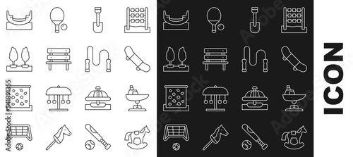 Set line Horse in saddle swing, Swing boat, Skateboard trick, Shovel toy, Bench, Forest, Boat and Jump rope icon. Vector