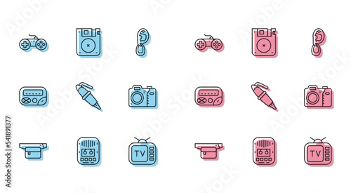 Set line Waist bag of banana, Cassette tape player, Gamepad, Retro tv, Fountain pen nib, Photo camera, Pager and Floppy disk icon. Vector