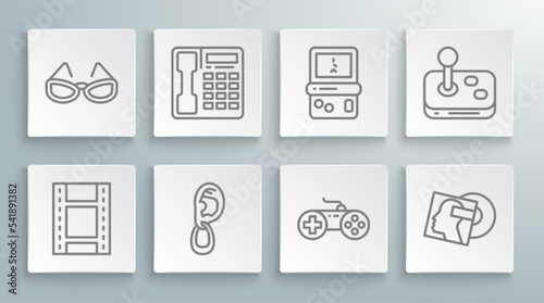 Set line Play Video, Telephone handset, Ear with earring, Gamepad, Vinyl disk, Tetris, Joystick and Glasses icon. Vector