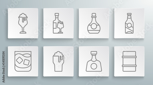 Set line Glass of whiskey, Wine bottle with glass, beer, Tequila, Metal keg, Bottle cognac or brandy, Beer and icon. Vector