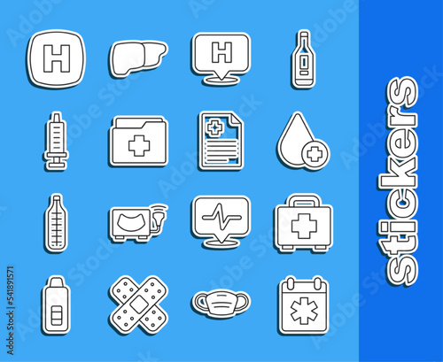 Set line Doctor appointment, First aid kit, Donate drop blood, Location hospital, Patient record, Syringe, Hospital signboard and icon. Vector