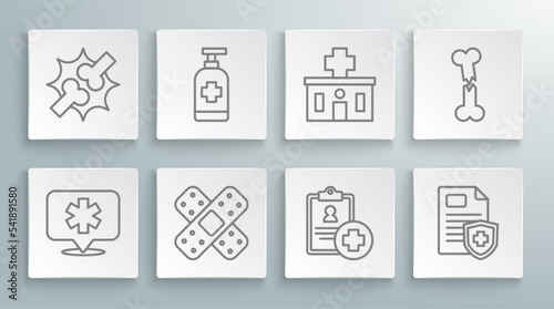 Set line Location hospital, Antibacterial soap, Crossed bandage plaster, Patient record, Hospital building, Human broken bone and Joint pain, knee pain icon. Vector