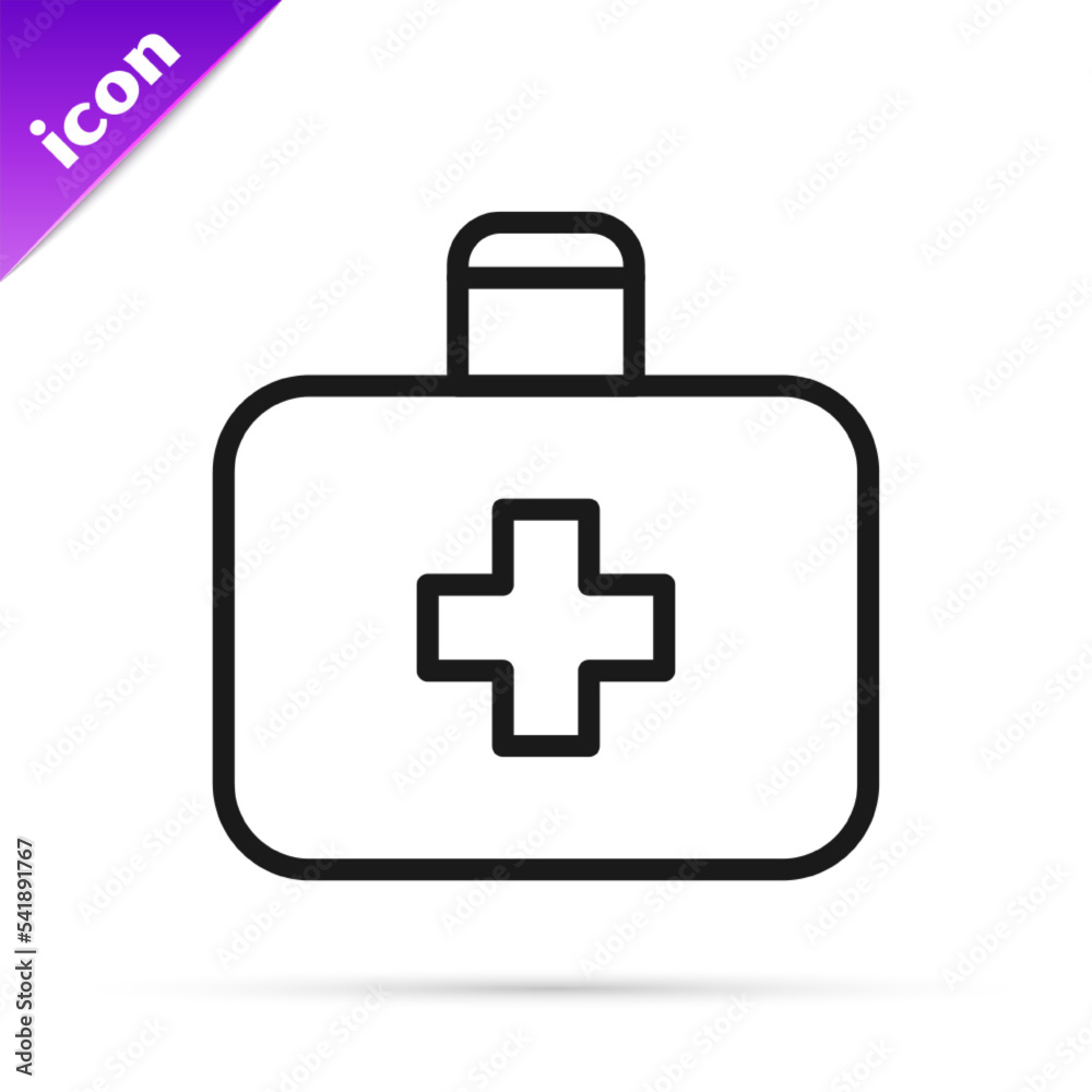 Black line First aid kit icon isolated on white background. Medical box with cross. Medical equipment for emergency. Healthcare concept. Vector Illustration Black line First aid kit icon isolated on white background. Medical box with cross. Medical equipment for emergency. Healthcare concept. Vector Illustration
