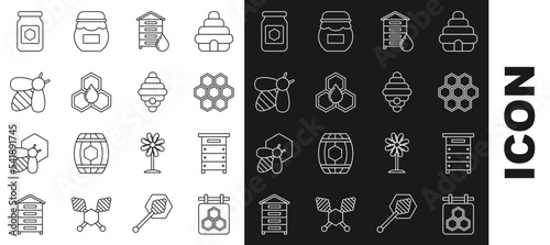 Set line Hanging sign with honeycomb, Hive for bees, Honeycomb, Bee, Jar of and icon. Vector