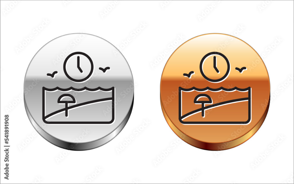 Black line Vacation time icon isolated on white background. Silver-gold circle button. Vector Black line Vacation time icon isolated on white background. Silver-gold circle button. Vector