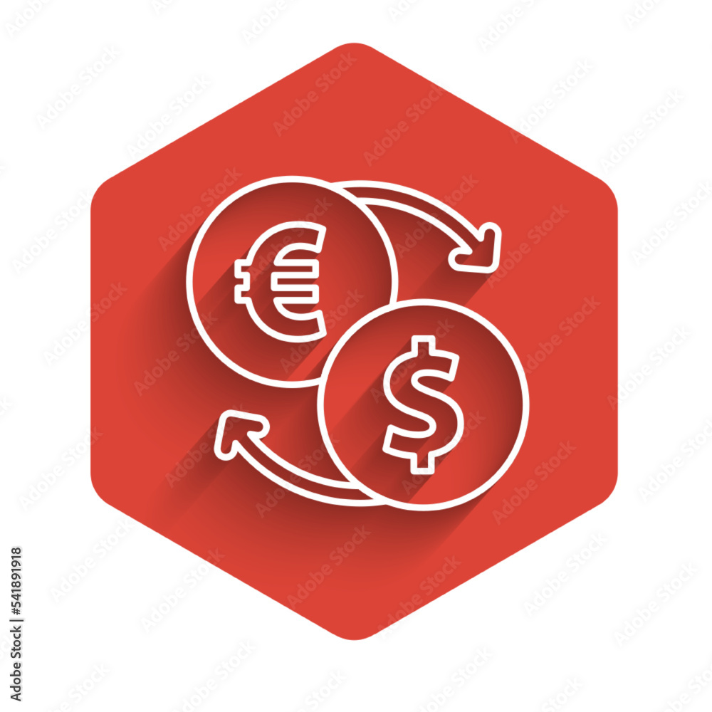 White line Money exchange icon isolated with long shadow. Euro and Dollar cash transfer symbol. Banking currency sign. Red hexagon button. Vector White line Money exchange icon isolated with long shadow. Euro and Dollar cash transfer symbol. Banking currency sign. Red hexagon button. Vector