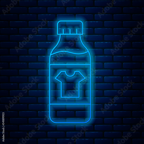 Glowing neon line Plastic bottle for laundry detergent, bleach, dishwashing liquid or another cleaning agent icon isolated on brick wall background. Vector