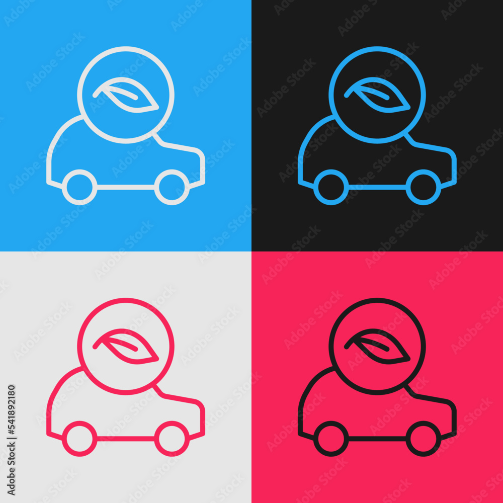 Pop art line Eco car concept drive with leaf icon isolated on color background. Green energy car symbol. Vector