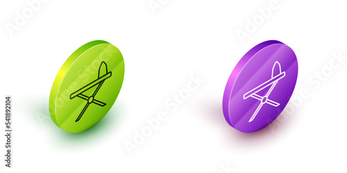 Isometric line Electric iron and ironing board icon isolated on white background. Steam iron. Green and purple circle buttons. Vector