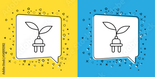 Set line Electric saving plug in leaf icon isolated on yellow and blue background. Save energy electricity. Environmental protection. Bio energy. Vector