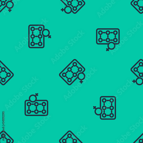 Blue line Packaging of birth control pills icon isolated seamless pattern on green background. Contraceptive pill. Vector