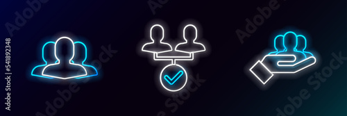 Set line Project team base, Users group and icon. Glowing neon. Vector