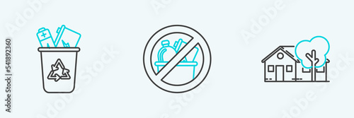 Set line Eco friendly house, Recycle bin with recycle symbol and No trash icon. Vector