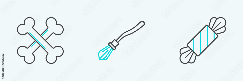 Set line Candy, Crossed bones and Witches broom icon. Vector Set line Candy, Crossed bones and Witches broom icon. Vector