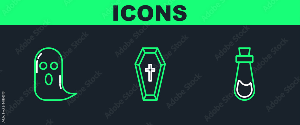 Set line Bottle with potion, Ghost and Coffin christian cross icon. Vector Set line Bottle with potion, Ghost and Coffin christian cross icon. Vector