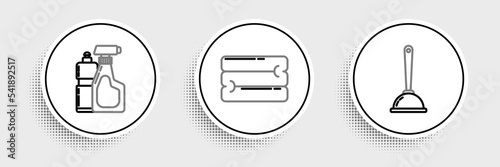 Set line Toilet plunger, Plastic bottles for liquid dishwashing liquid and Towel stack icon. Vector