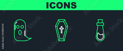 Set line Bottle with potion, Ghost and Coffin christian cross icon. Vector