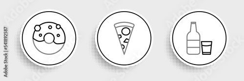 Set line Glass bottle with milk and glass, Donut sweet glaze and Slice of pizza icon. Vector