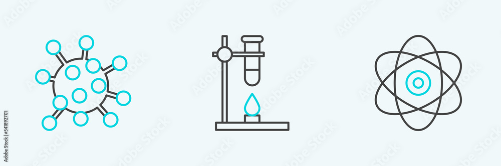 Set line Atom, Bacteria and Glass test tube flask on fire heater icon. Vector Set line Atom, Bacteria and Glass test tube flask on fire heater icon. Vector