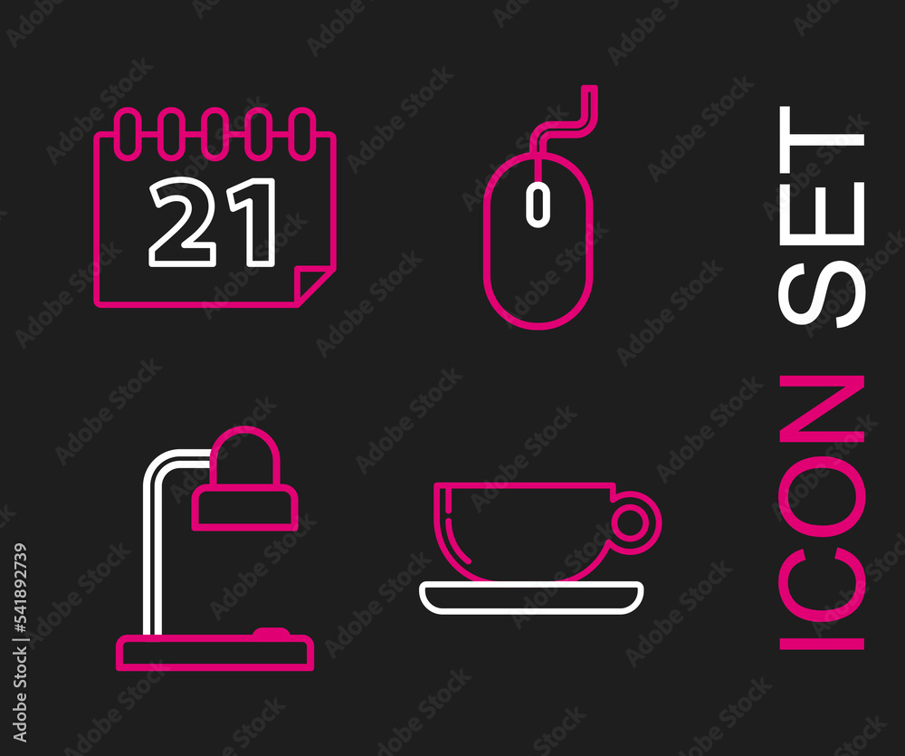 Set line Coffee cup flat, Table lamp, Computer mouse and Calendar icon. Vector Set line Coffee cup flat, Table lamp, Computer mouse and Calendar icon. Vector