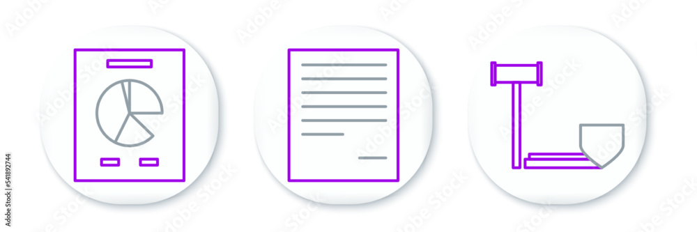 Set line Judge gavel with shield, Document graph chart and icon. Vector Set line Judge gavel with shield, Document graph chart and icon. Vector