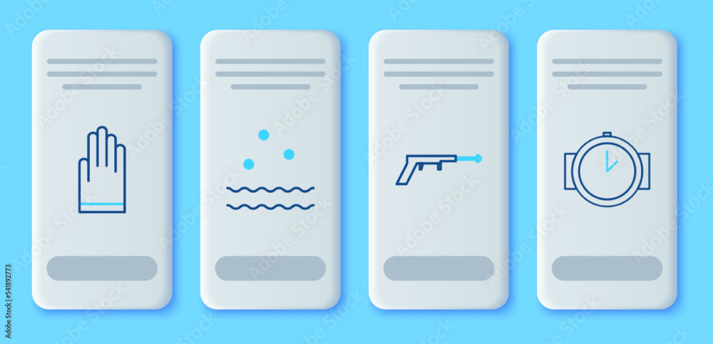 Set line Cold and waves, Fishing harpoon, Gloves and Diving watch icon. Vector