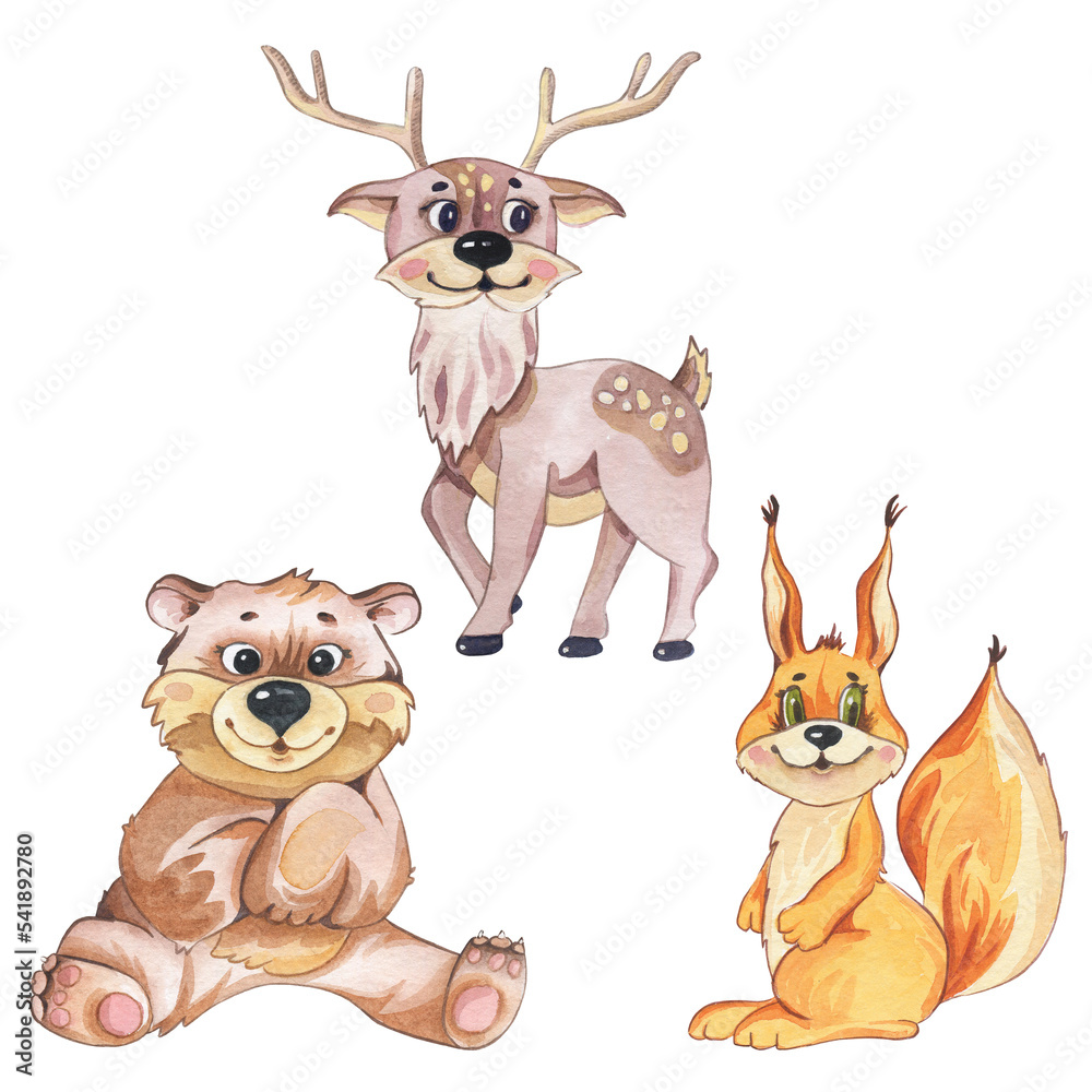 Squirrel, deer and bear are cute forest animals. Watercolor cartoon isolated on white background. Cute character. Hand drawn illustration. For postcards, children's things, printouts