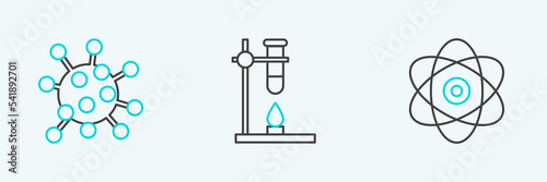 Set line Atom, Bacteria and Glass test tube flask on fire heater icon. Vector