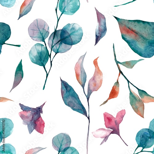 watercolor seamless botanical pattern. beautiful elegant autumn leaves and flowers 
