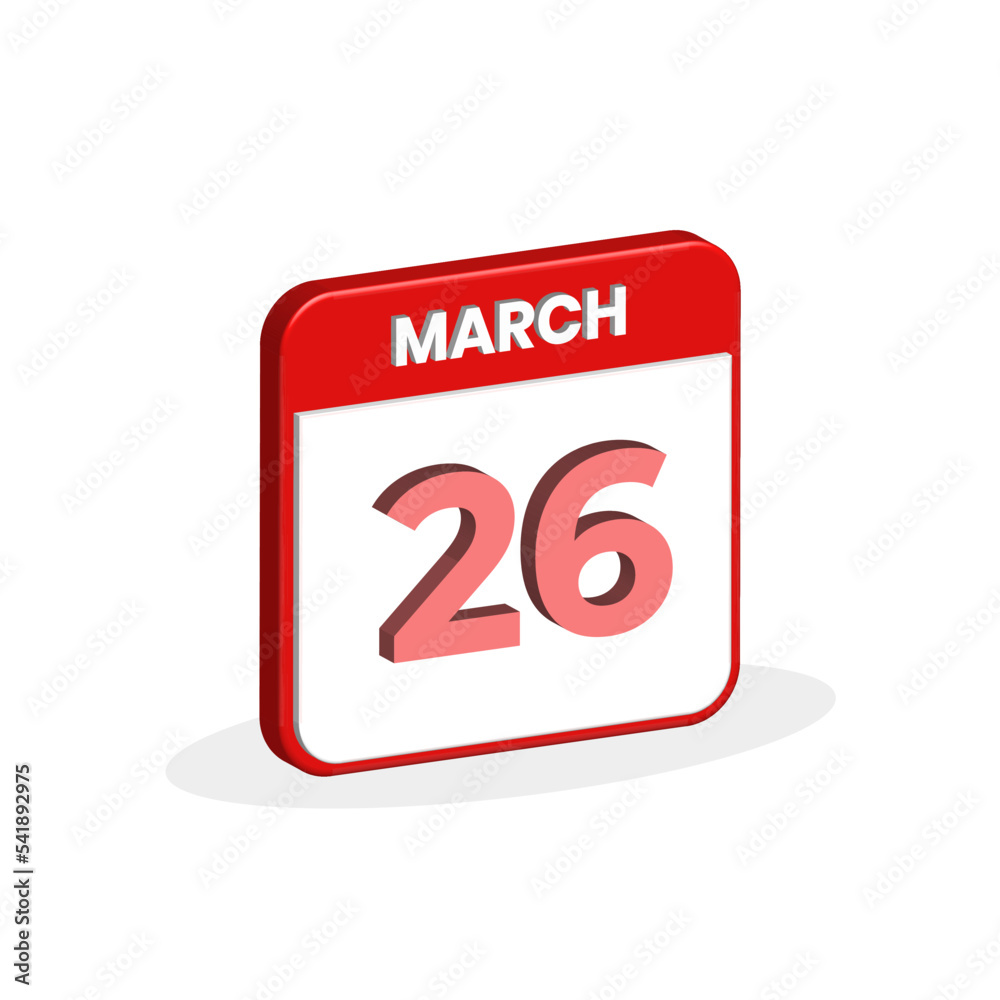 26th March calendar 3D icon. 3D March 26 calendar Date, Month icon