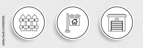 Set line Garage, Garden fence wooden and Hanging sign with text Sale icon. Vector