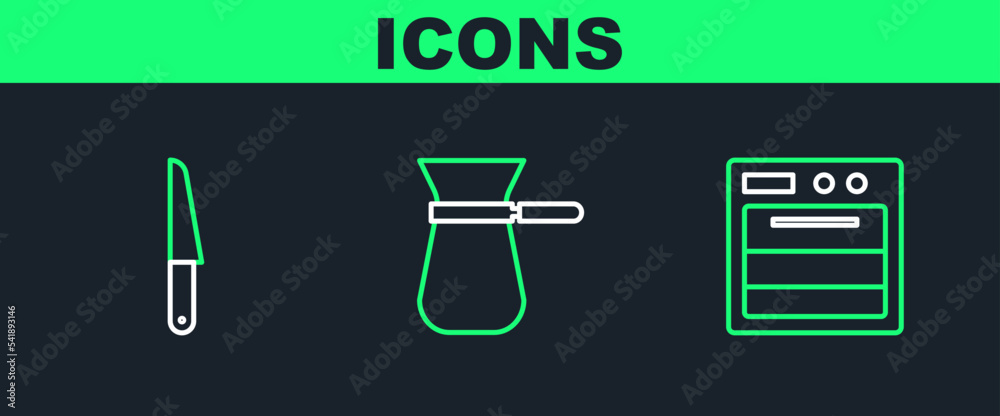 Set line Oven, Knife and Coffee turk icon. Vector Set line Oven, Knife and Coffee turk icon. Vector