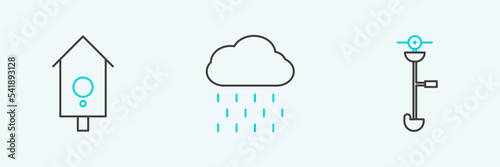 Set line Grass and weed electric string trimmer, Retro wall watch and Cloud with rain icon. Vector