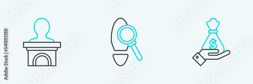 Set line Hand holding money bag, Stage stand or debate podium rostrum and Magnifying glass with footsteps icon. Vector