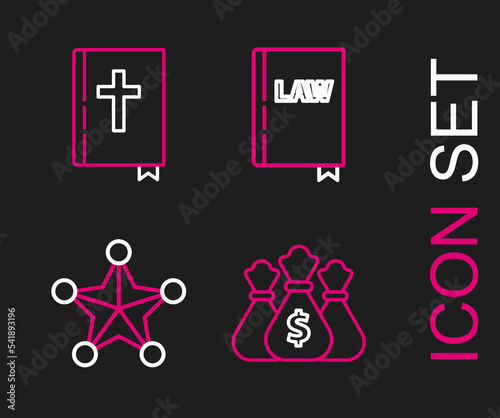 Set line Money bag, Hexagram sheriff, Law book and Holy bible icon. Vector