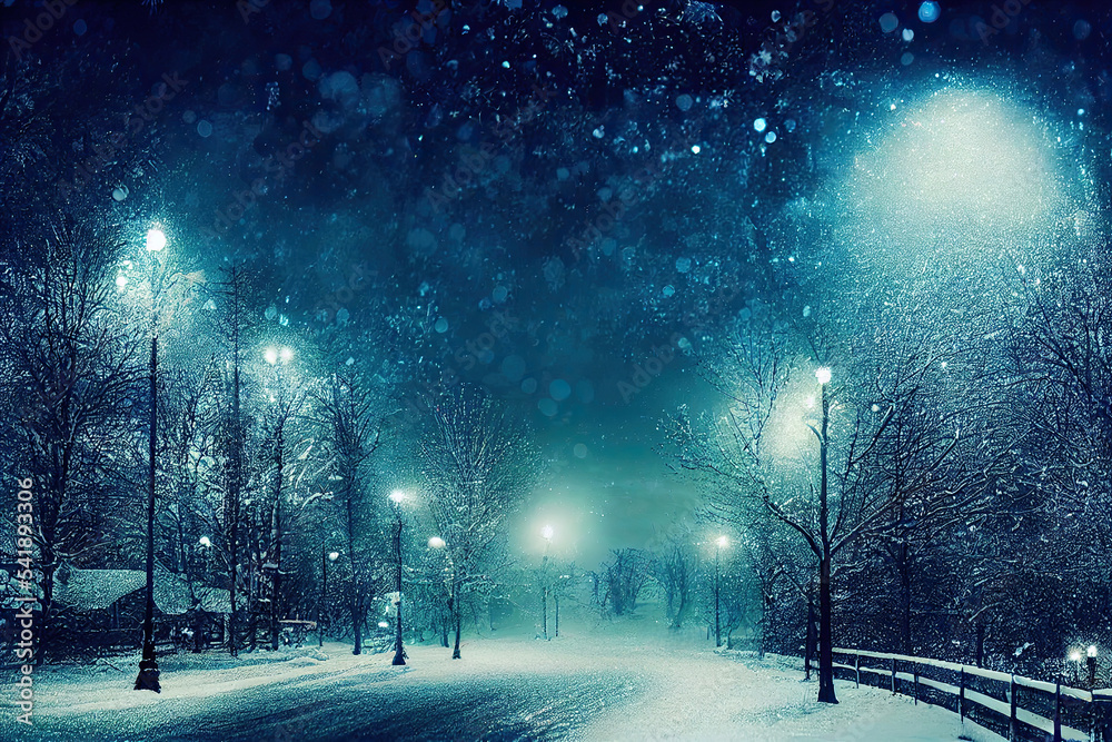 snow covered road, Beautiful winter wonderland, christmas night