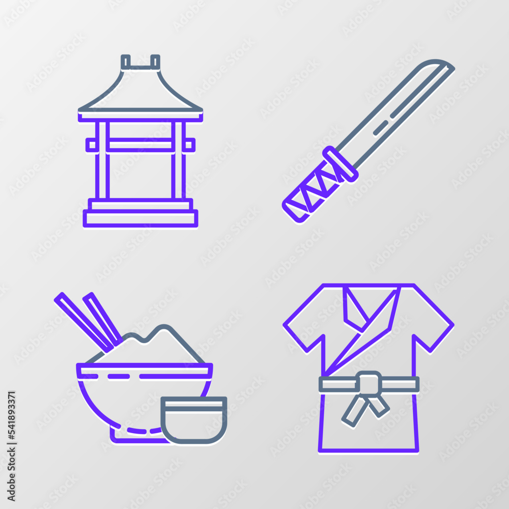 Set line Japanese costume Kimono, Rice in bowl with chopstick, Traditional katana and Gate icon. Vector Set line Japanese costume Kimono, Rice in bowl with chopstick, Traditional katana and Gate icon. Vector