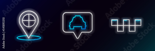 Set line Taxi car roof, Map pointer with taxi and icon. Glowing neon. Vector