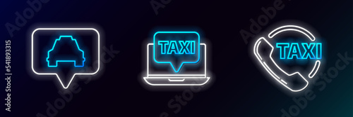 Set line Taxi call telephone service, Map pointer with taxi and Laptop icon. Glowing neon. Vector