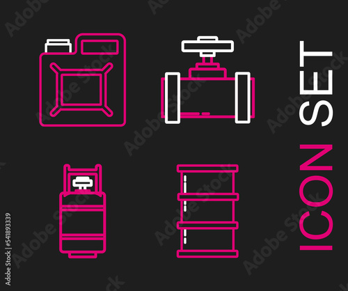 Set line Barrel oil, Propane gas tank, Industry metallic pipes and valve and Canister for gasoline icon. Vector