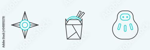 Set line Maneki neko cat, Japanese ninja shuriken and Asian noodles paper box and chopsticks icon. Vector
