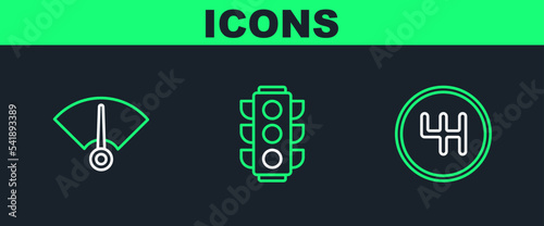 Set line Gear shifter, Speedometer and Traffic light icon. Vector