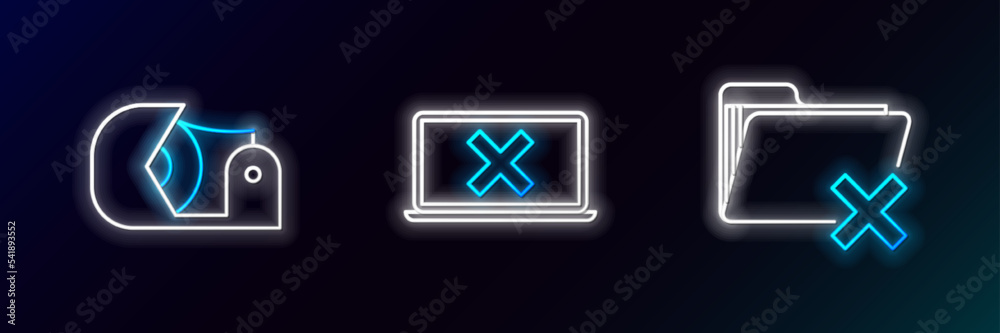 Set line Delete folder, Scotch and Laptop and cross mark on screen icon. Glowing neon. Vector Set line Delete folder, Scotch and Laptop and cross mark on screen icon. Glowing neon. Vector