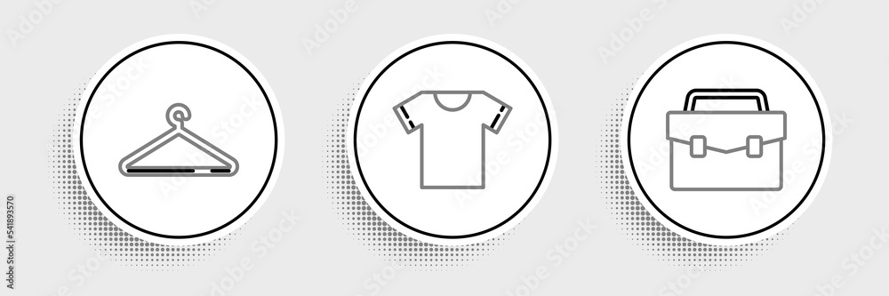 Set line Briefcase, Hanger wardrobe and T-shirt icon. Vector