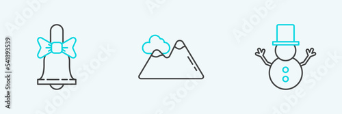 Set line Christmas snowman, Merry ringing bell and Mountains icon. Vector