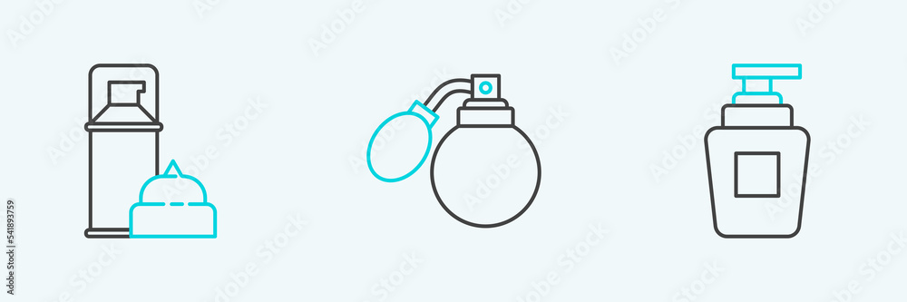 Set line Bottle of shampoo, Shaving gel foam and Aftershave bottle with atomizer icon. Vector Set line Bottle of shampoo, Shaving gel foam and Aftershave bottle with atomizer icon. Vector