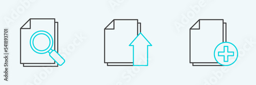 Set line Add new file, Document with search and Upload document icon. Vector