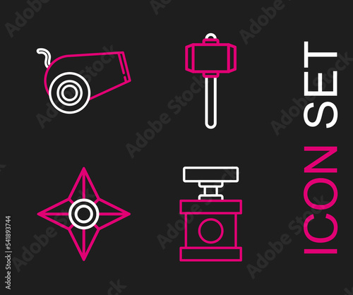 Set line Handle detonator for dynamite, Japanese ninja shuriken, Battle hammer and Cannon icon. Vector